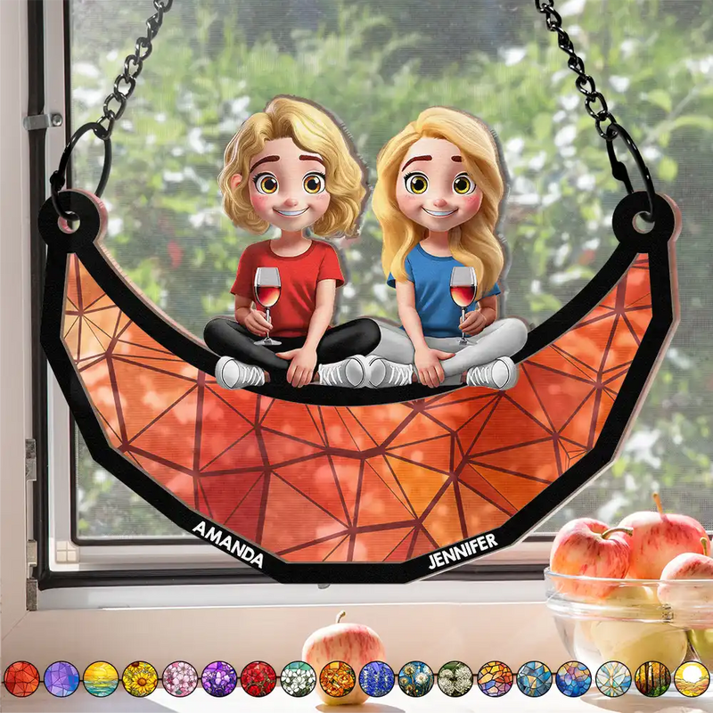 Gift For Bestie,Gift For Women - Bestie Sister Sitting On The Moon - Personalized Window Hanging Suncatcher Ornament