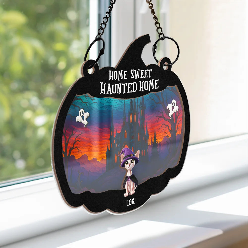 Pet Lovers,Halloween,Family,Happy - Halloween Home Sweet Haunted Home Pet Lovers - Personalized Window Hanging Suncatcher Ornament