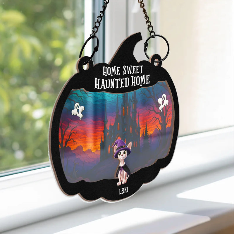 Pet Lovers,Halloween,Family,Happy - Halloween Home Sweet Haunted Home Pet Lovers - Personalized Window Hanging Suncatcher Ornament