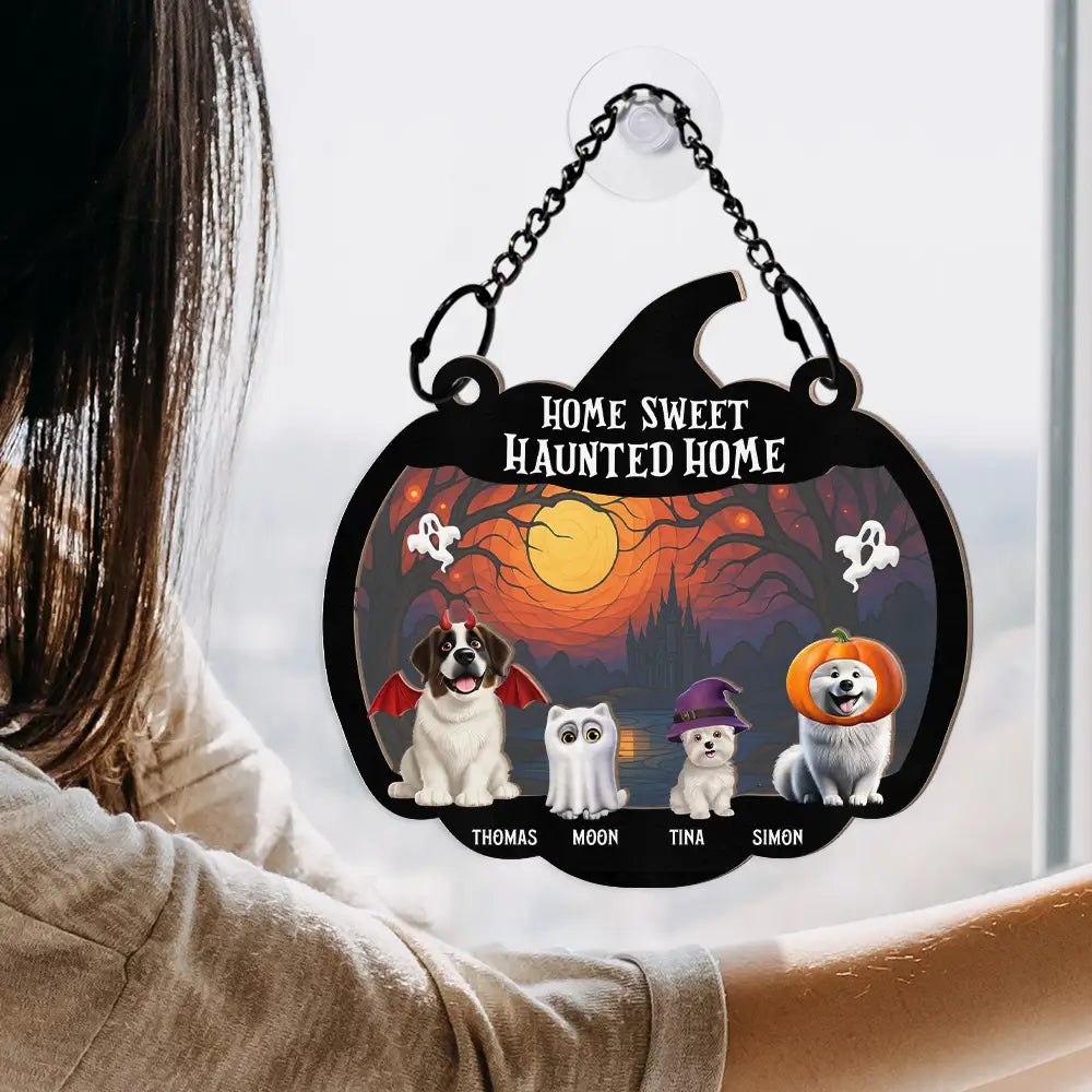 Pet Lovers,Halloween,Family,Happy - Halloween Home Sweet Haunted Home Pet Lovers - Personalized Window Hanging Suncatcher Ornament