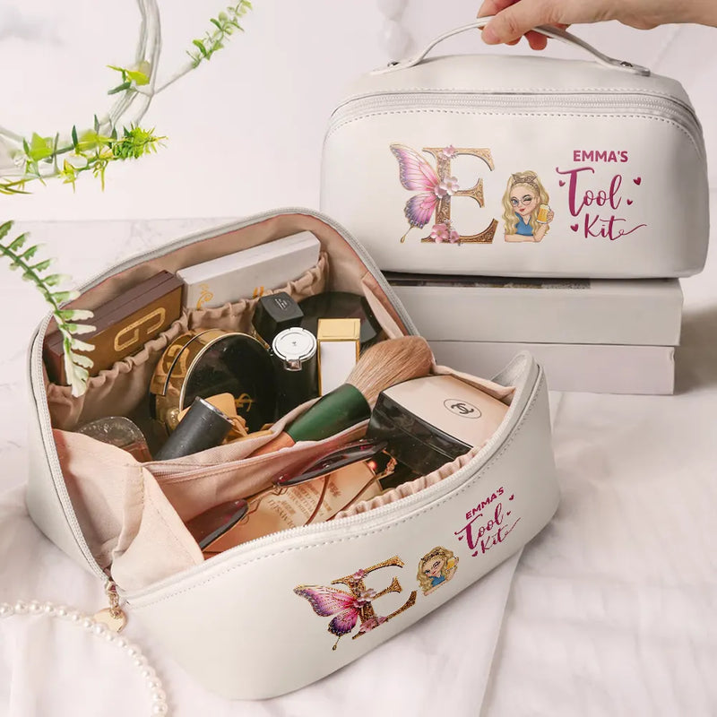 Gift For Yourself,Gift For Women,Happy - Flower Butterfly Monogram Little Reminder You're Beautiful - Personalized Leather Makeup Bag