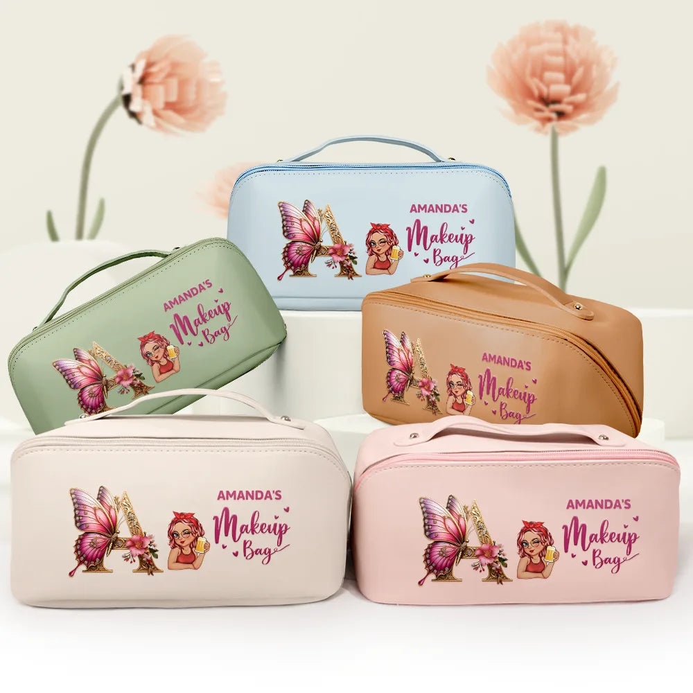 Gift For Yourself,Gift For Women,Happy - Flower Butterfly Monogram Little Reminder You're Beautiful - Personalized Leather Makeup Bag