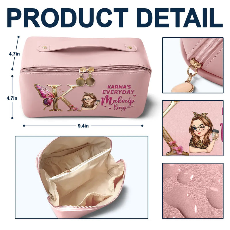 Gift For Yourself,Gift For Women,Happy - Flower Butterfly Monogram Little Reminder You're Beautiful - Personalized Leather Makeup Bag