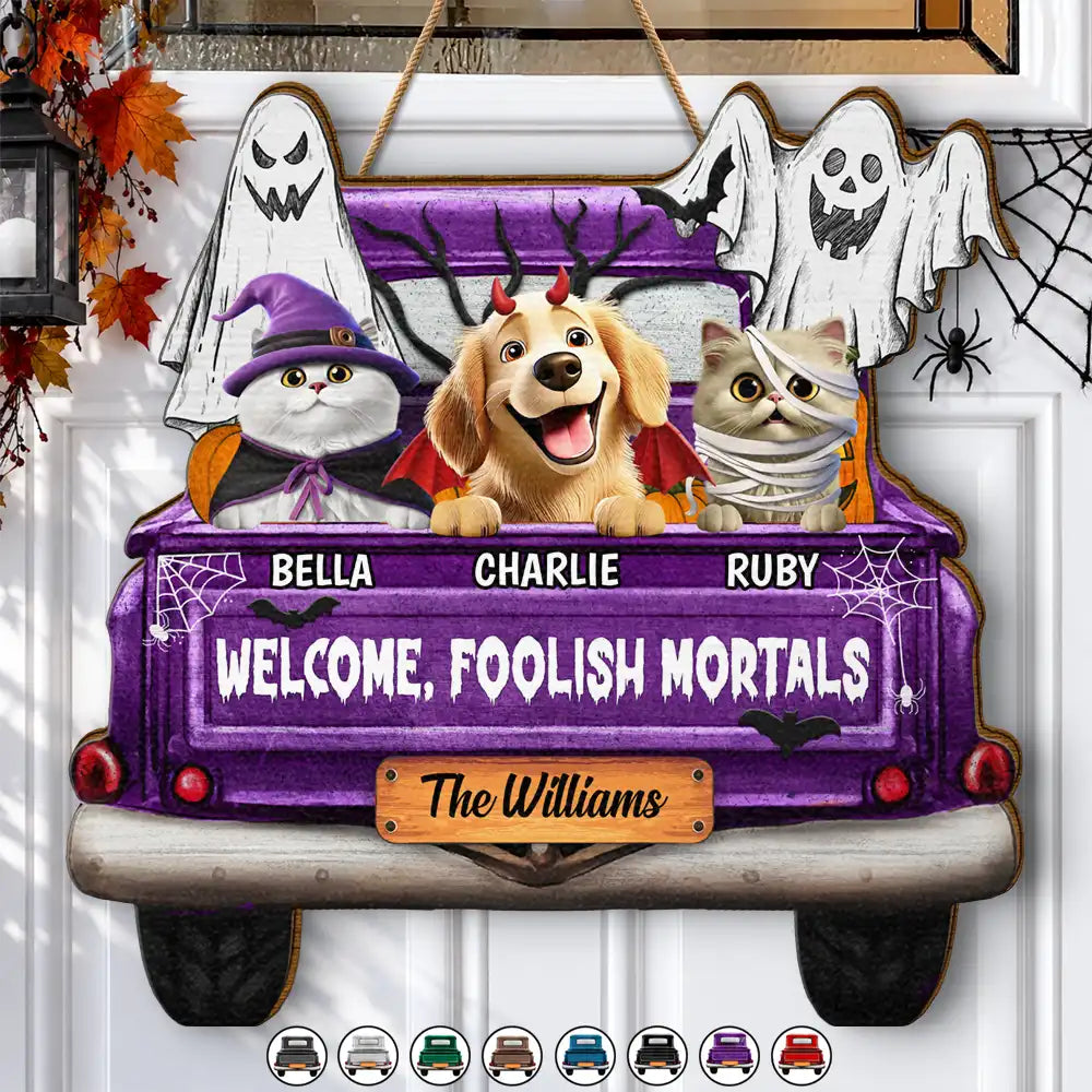 Halloween,Pet Lovers,Cat Lovers - Welcome Foolish Mortals - Personalized Custom Shaped Wood Sign
