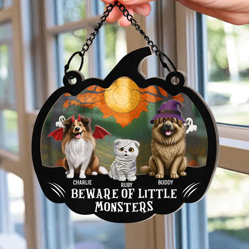 Halloween,Pet Lovers,Happy - Beware Of Little Woofsters & Meownsters - Personalized Window Hanging Suncatcher Ornament