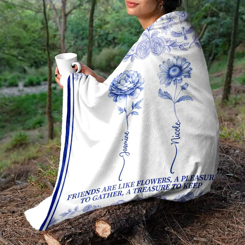 Gift For Yourself, Gift For Women, Gift For Bestie, Old Best friends ,Love - Toile De Jouy Birth Flower Grow An Old Friend - Personalized Fleece Blanket, Sherpa Blanket