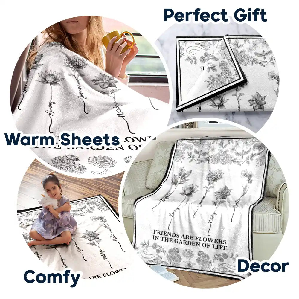 Gift For Yourself, Gift For Women, Gift For Bestie, Old Best friends ,Love - Toile De Jouy Birth Flower Grow An Old Friend - Personalized Fleece Blanket, Sherpa Blanket