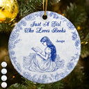 Gift For Yourself,Gift For Women,Reading,Happy,Christmas - A Girl Who Loves Books Chinoiserie Toile De Jouy - Personalized Circle Ceramic Ornament