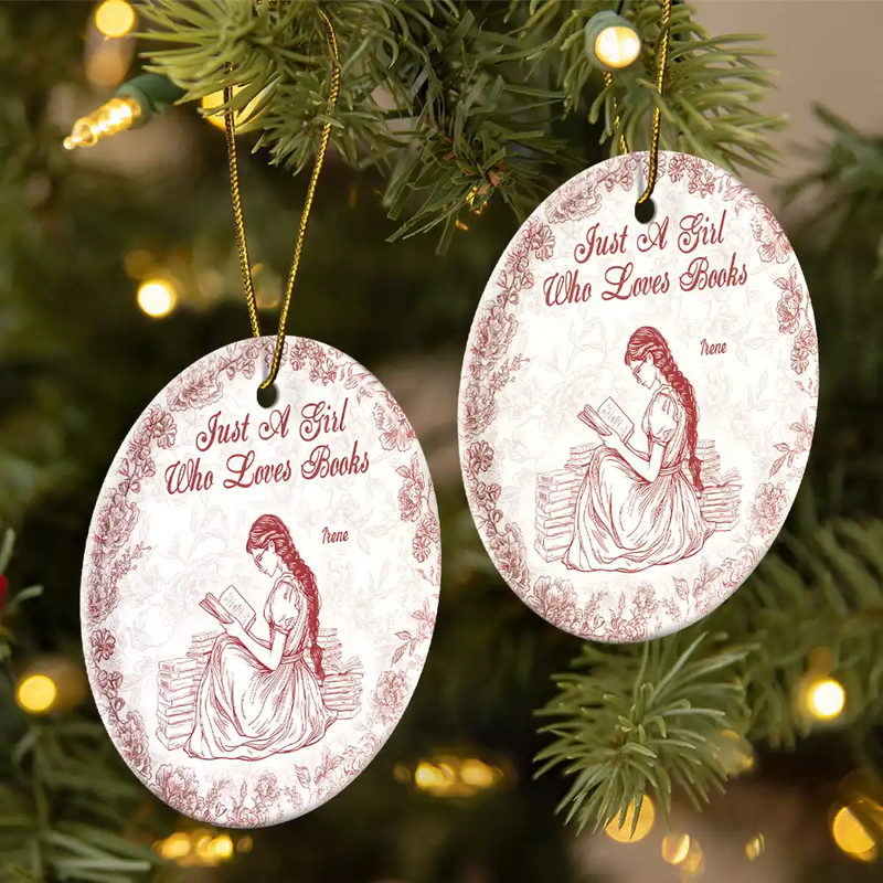Gift For Yourself,Gift For Women,Reading,Happy,Christmas - A Girl Who Loves Books Chinoiserie Toile De Jouy - Personalized Circle Ceramic Ornament