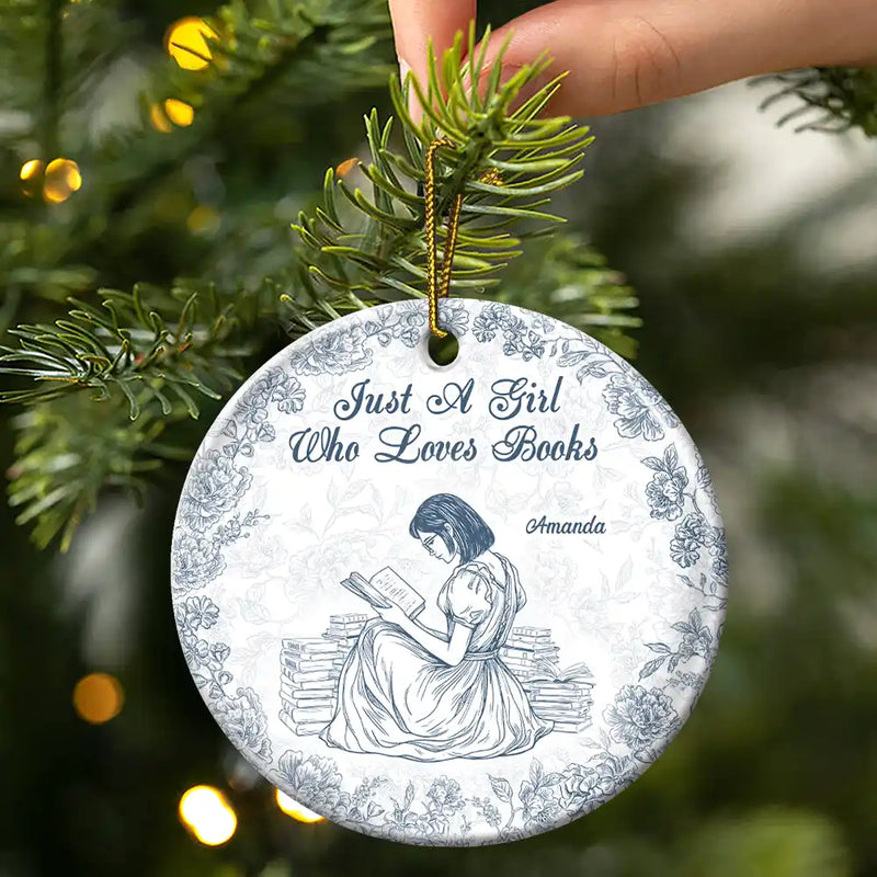 Gift For Yourself,Gift For Women,Reading,Happy,Christmas - A Girl Who Loves Books Chinoiserie Toile De Jouy - Personalized Circle Ceramic Ornament