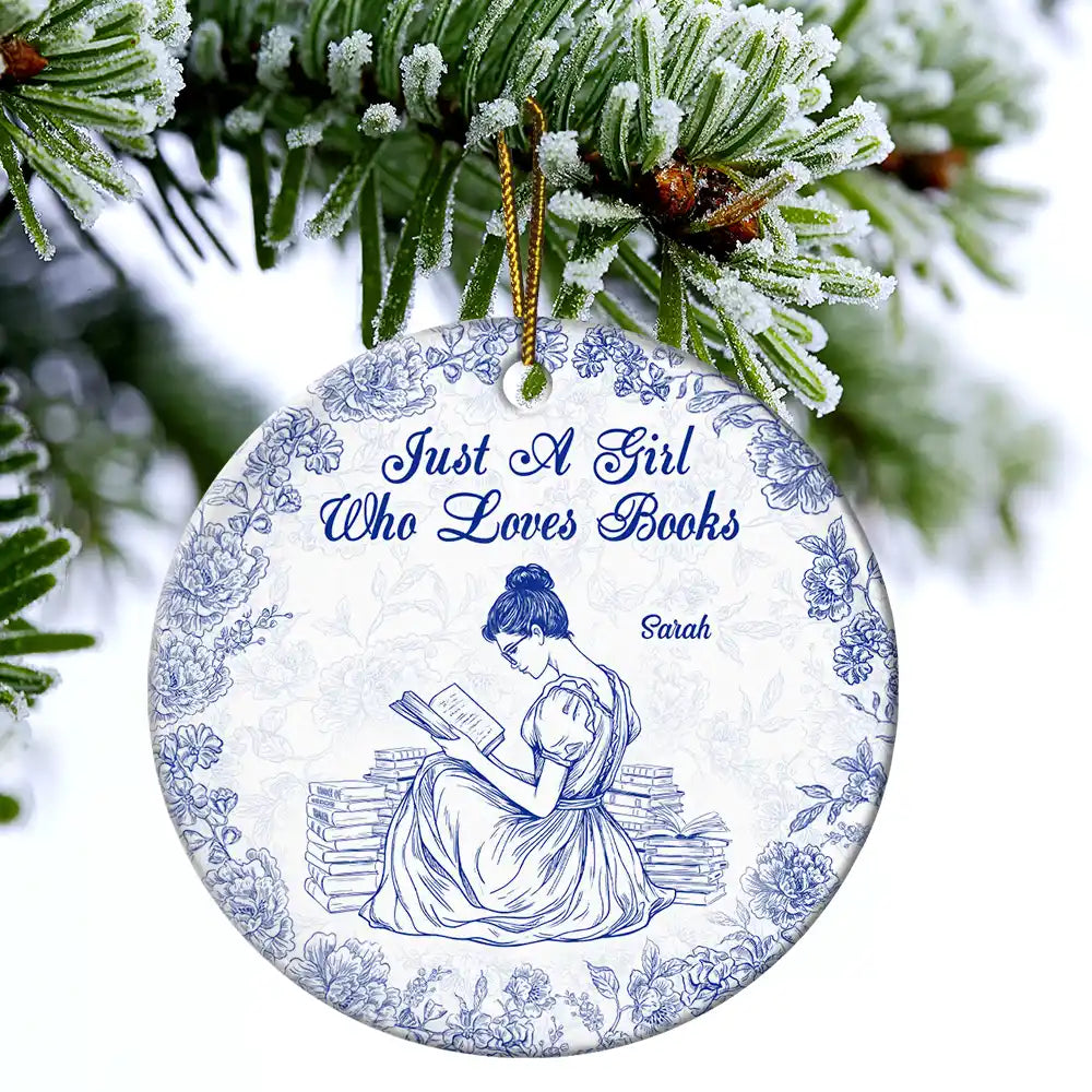 Gift For Yourself,Gift For Women,Reading,Happy,Christmas - A Girl Who Loves Books Chinoiserie Toile De Jouy - Personalized Circle Ceramic Ornament