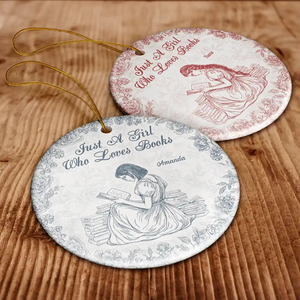 Gift For Yourself,Gift For Women,Reading,Happy,Christmas - A Girl Who Loves Books Chinoiserie Toile De Jouy - Personalized Circle Ceramic Ornament