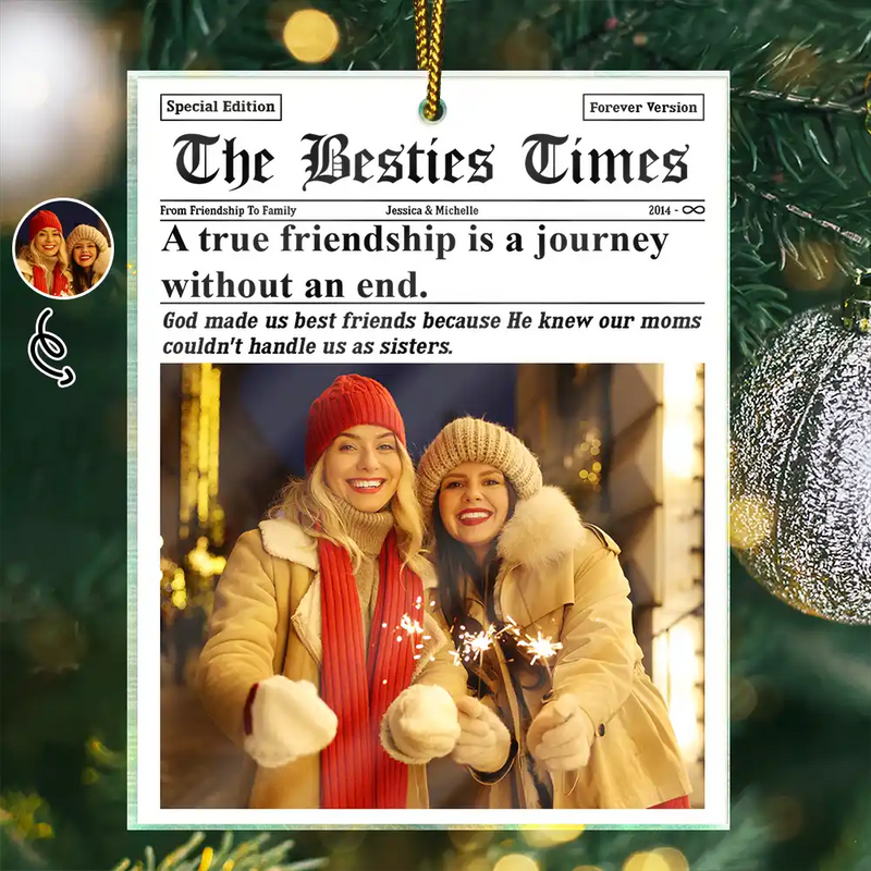 Gift For Bestie, Gift For Sisters, Christmas, Happy, Custom Photo - Custom Photo The Bestie Times From Friendship To Family - Personalized Custom Shaped Acrylic Ornament