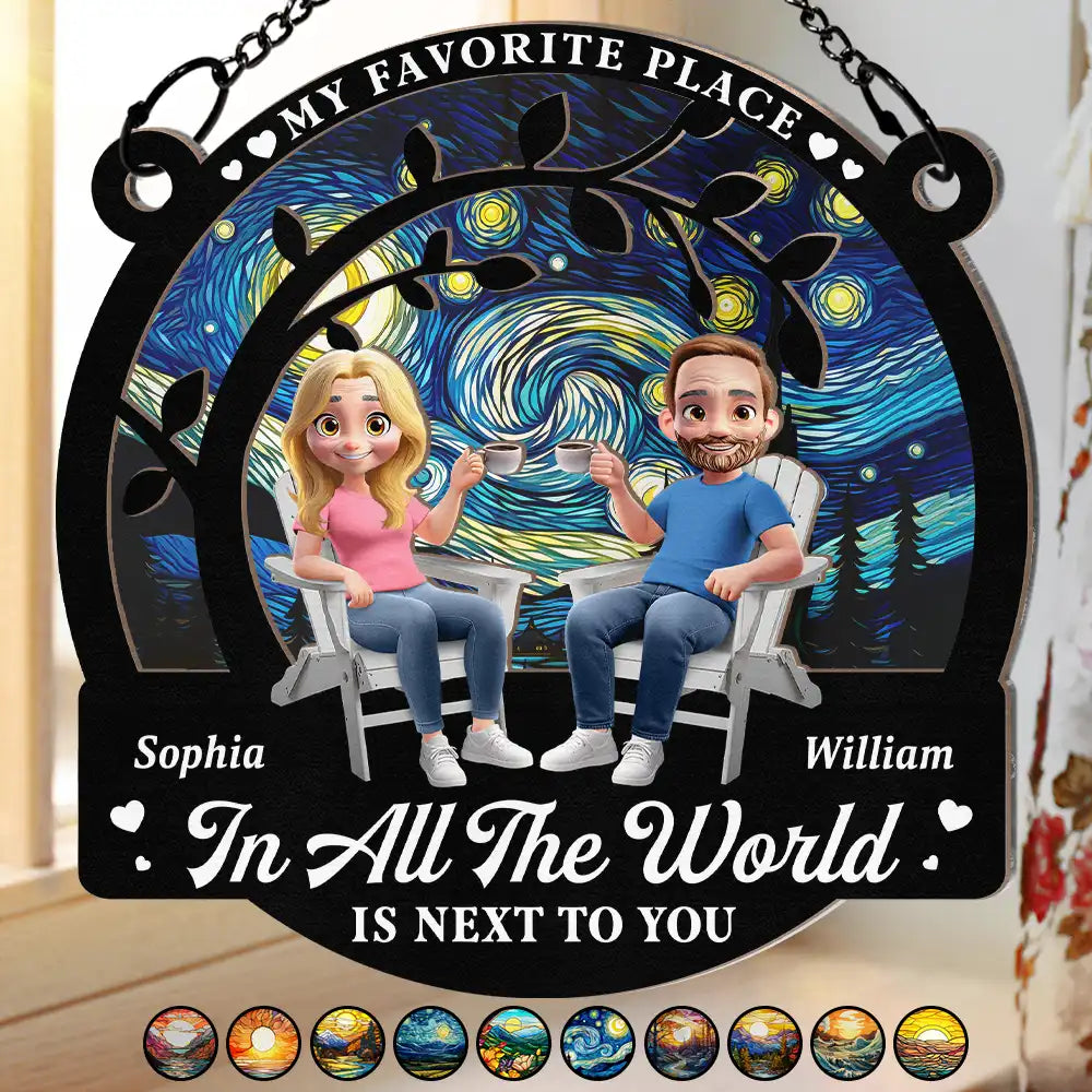 Couple Starry Night My Favorite Place In All The World - Personalized Window Hanging Suncatcher Ornament