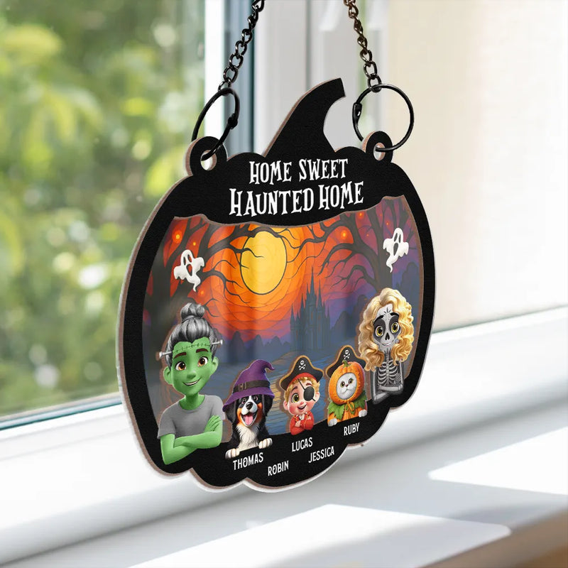Halloween,Family,Pet Lovers,Happy - Home Sweet Haunted Home Couple With Kids & Pets - Personalized Window Hanging Suncatcher Ornament