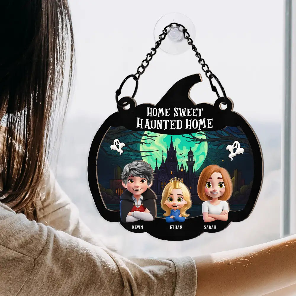 Halloween,Family,Pet Lovers,Happy - Home Sweet Haunted Home Couple With Kids & Pets - Personalized Window Hanging Suncatcher Ornament