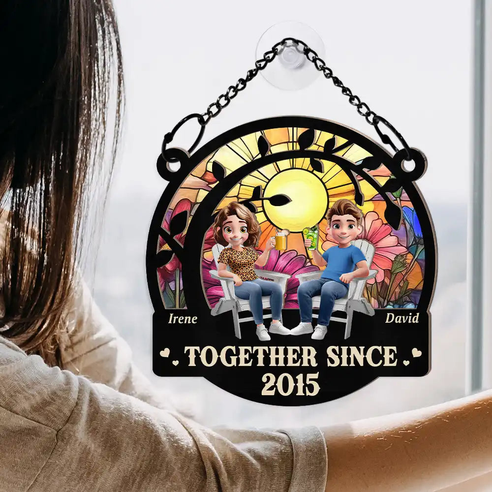 Old Couples,Gift For Husband,Gift For Wife,Love - 3D Effect Old Couple From Our First Kiss - Personalized Window Hanging Suncatcher Ornament