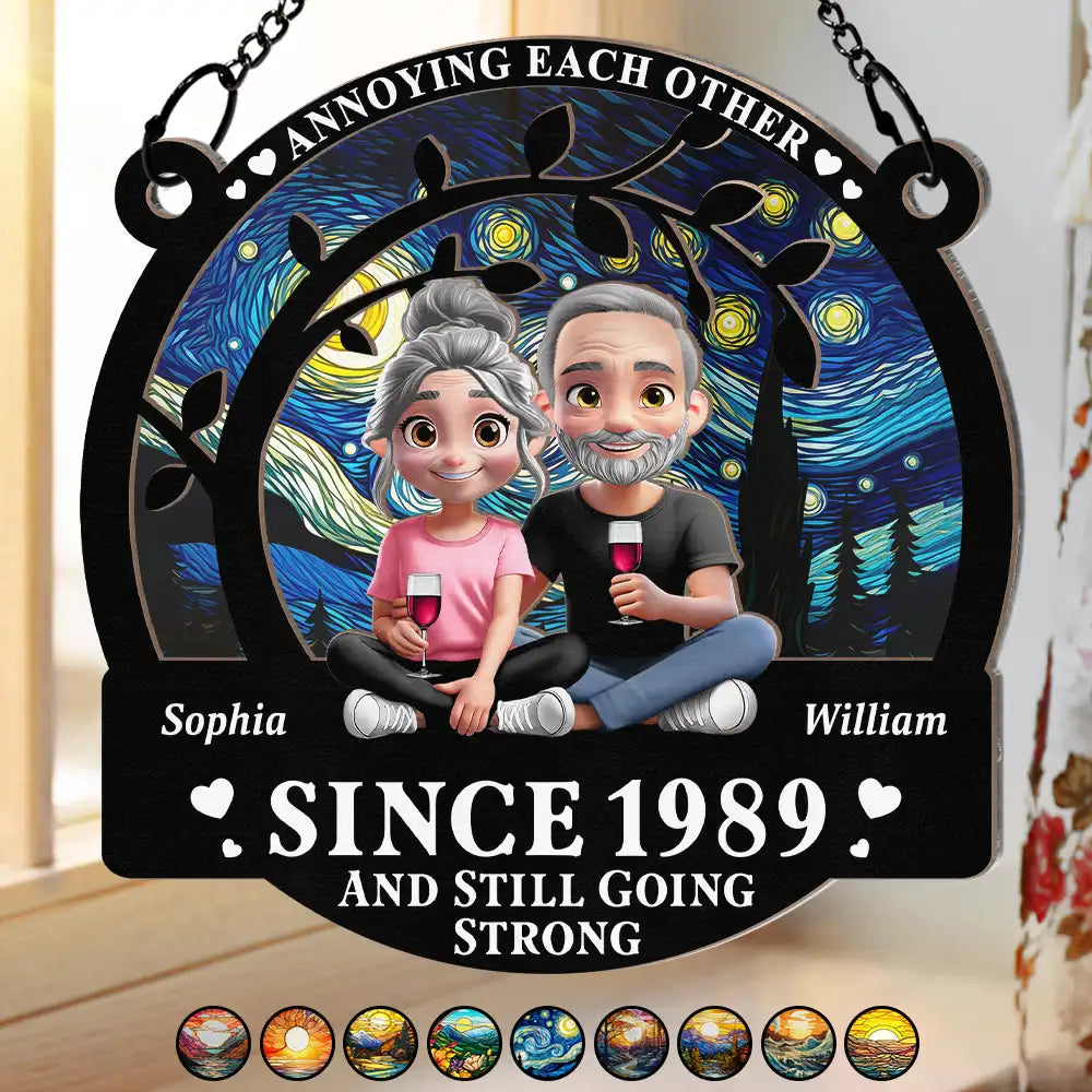 Gift For Couples,Old Couples,Gift For Husband,Gift For Wife,Love - Couple Annoying Each Other 3D Effect - Personalized Window Hanging Suncatcher Ornament