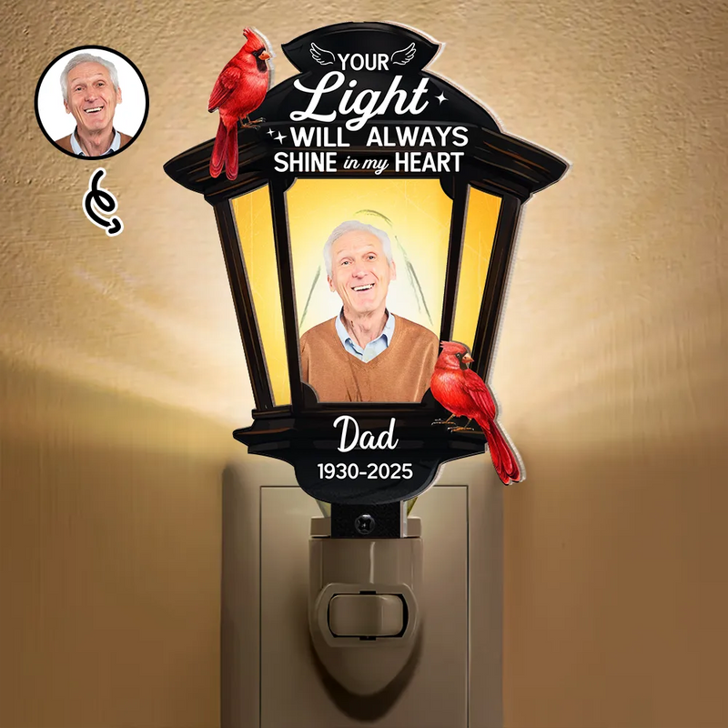 Gift For Yourself,Gift For Women,Gift For Men,Family,Pet Lovers,Dog Lovers,Cat Lovers,Memorial,Sad - Custom Photo Cardinal Bird Your Light Will Always Shine - Personalized Plug-in Night Light