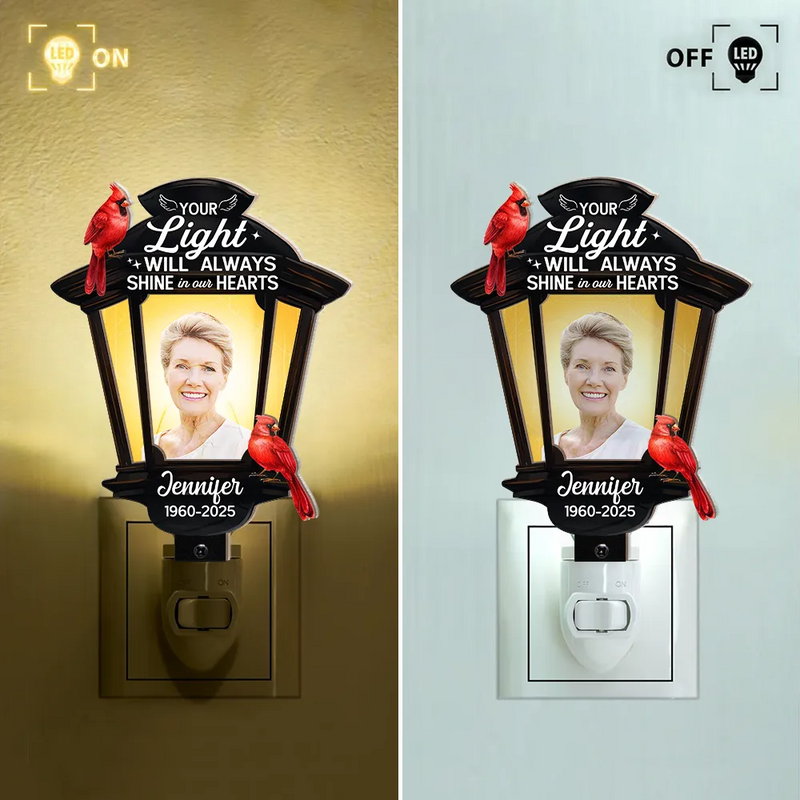 Gift For Yourself,Gift For Women,Gift For Men,Family,Pet Lovers,Dog Lovers,Cat Lovers,Memorial,Sad - Custom Photo Cardinal Bird Your Light Will Always Shine - Personalized Plug-in Night Light