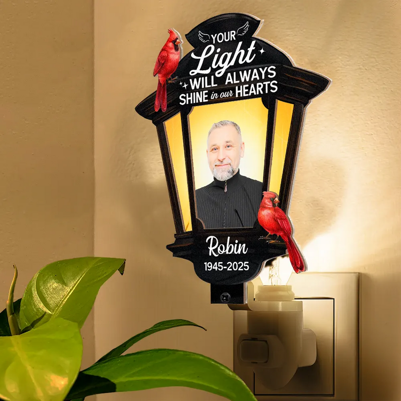 Gift For Yourself,Gift For Women,Gift For Men,Family,Pet Lovers,Dog Lovers,Cat Lovers,Memorial,Sad - Custom Photo Cardinal Bird Your Light Will Always Shine - Personalized Plug-in Night Light