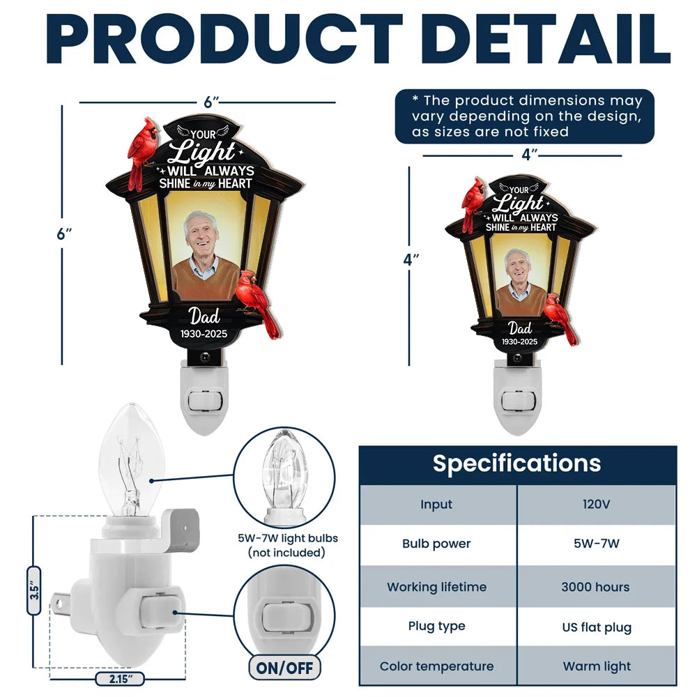 Gift For Yourself,Gift For Women,Gift For Men,Family,Pet Lovers,Dog Lovers,Cat Lovers,Memorial,Sad - Custom Photo Cardinal Bird Your Light Will Always Shine - Personalized Plug-in Night Light