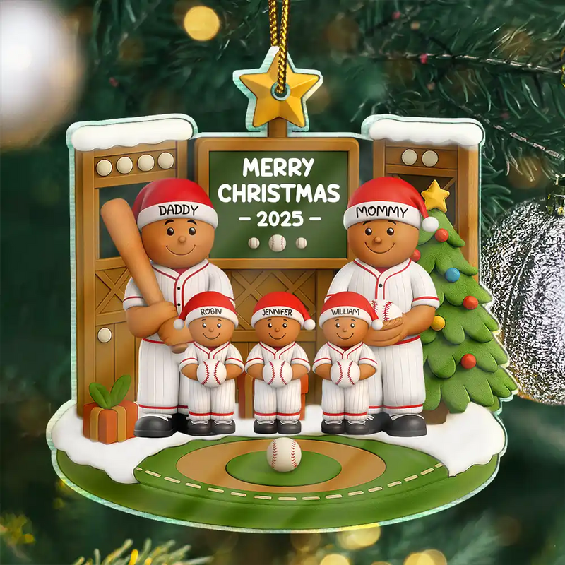 Christmas, Family, Parents, Gift For Kids, Happy, Baseball - 3D Effect Baseball Gingerbread Family On Field - Personalized Custom Shaped Acrylic Ornament
