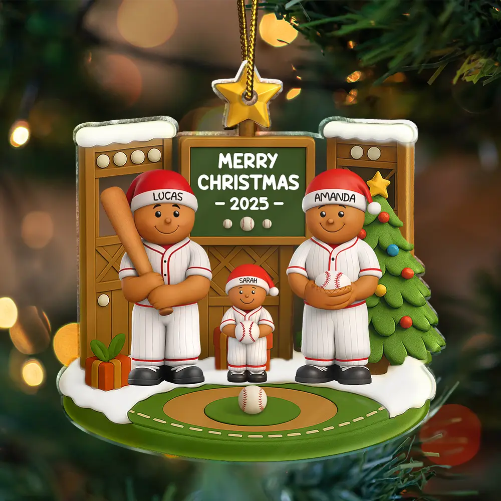 Christmas, Family, Parents, Gift For Kids, Happy, Baseball - 3D Effect Baseball Gingerbread Family On Field - Personalized Custom Shaped Acrylic Ornament