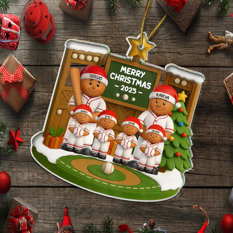 Christmas, Family, Parents, Gift For Kids, Happy, Baseball - 3D Effect Baseball Gingerbread Family On Field - Personalized Custom Shaped Acrylic Ornament