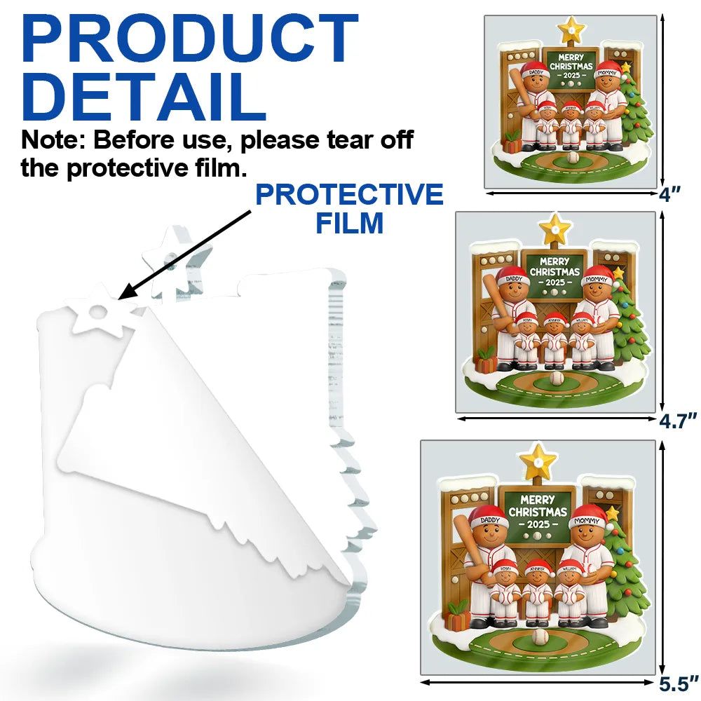 Christmas, Family, Parents, Gift For Kids, Happy, Baseball - 3D Effect Baseball Gingerbread Family On Field - Personalized Custom Shaped Acrylic Ornament