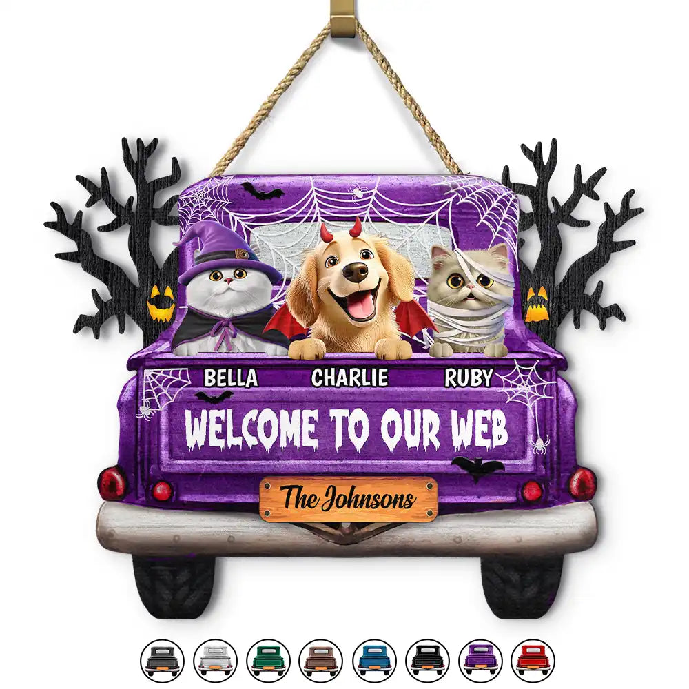 Halloween, Pet Lovers, Pet Mom, Pet Dad, Happy - Welcome To Our Web Halloween Truck - Personalized Custom Shaped Wood Sign