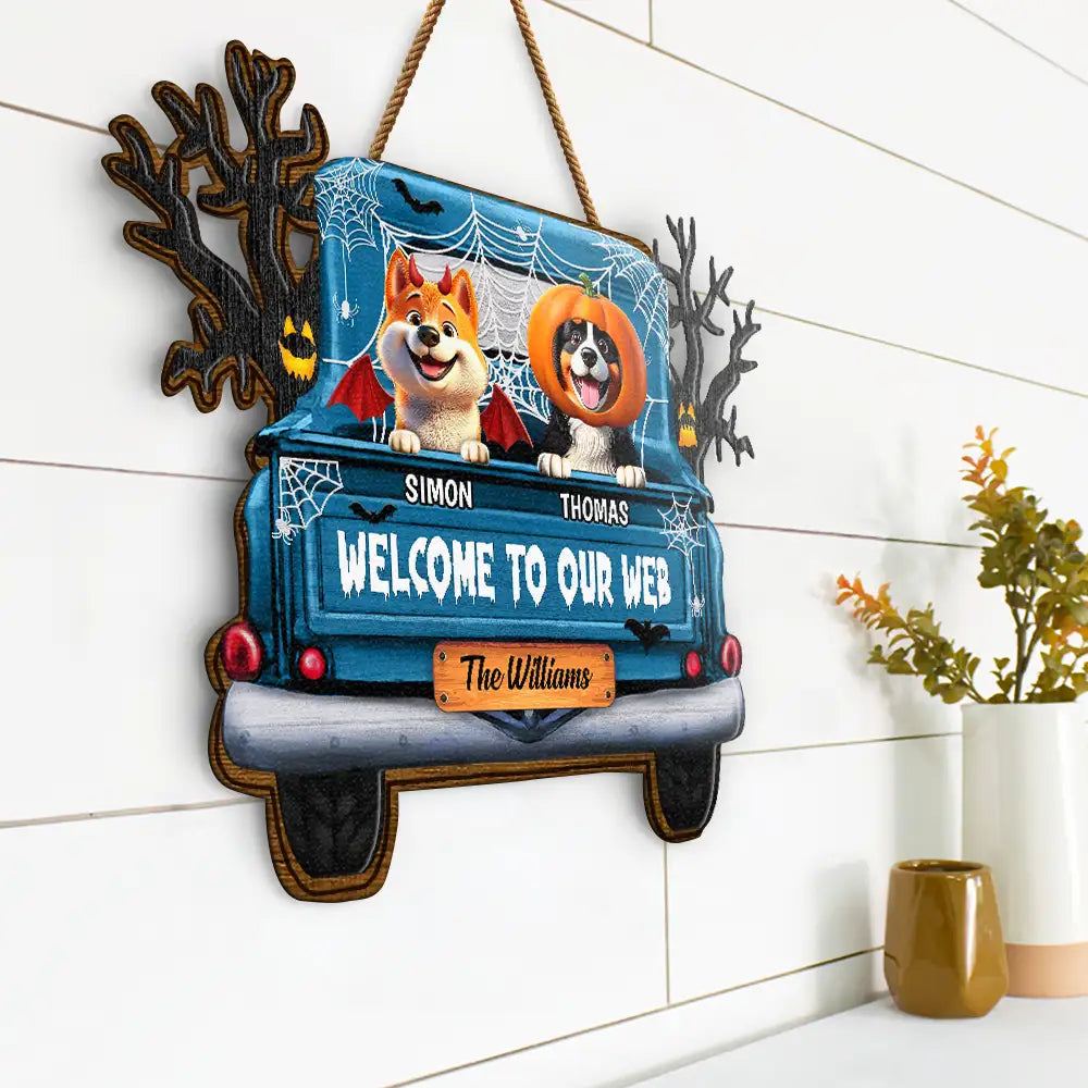 Halloween, Pet Lovers, Pet Mom, Pet Dad, Happy - Welcome To Our Web Halloween Truck - Personalized Custom Shaped Wood Sign