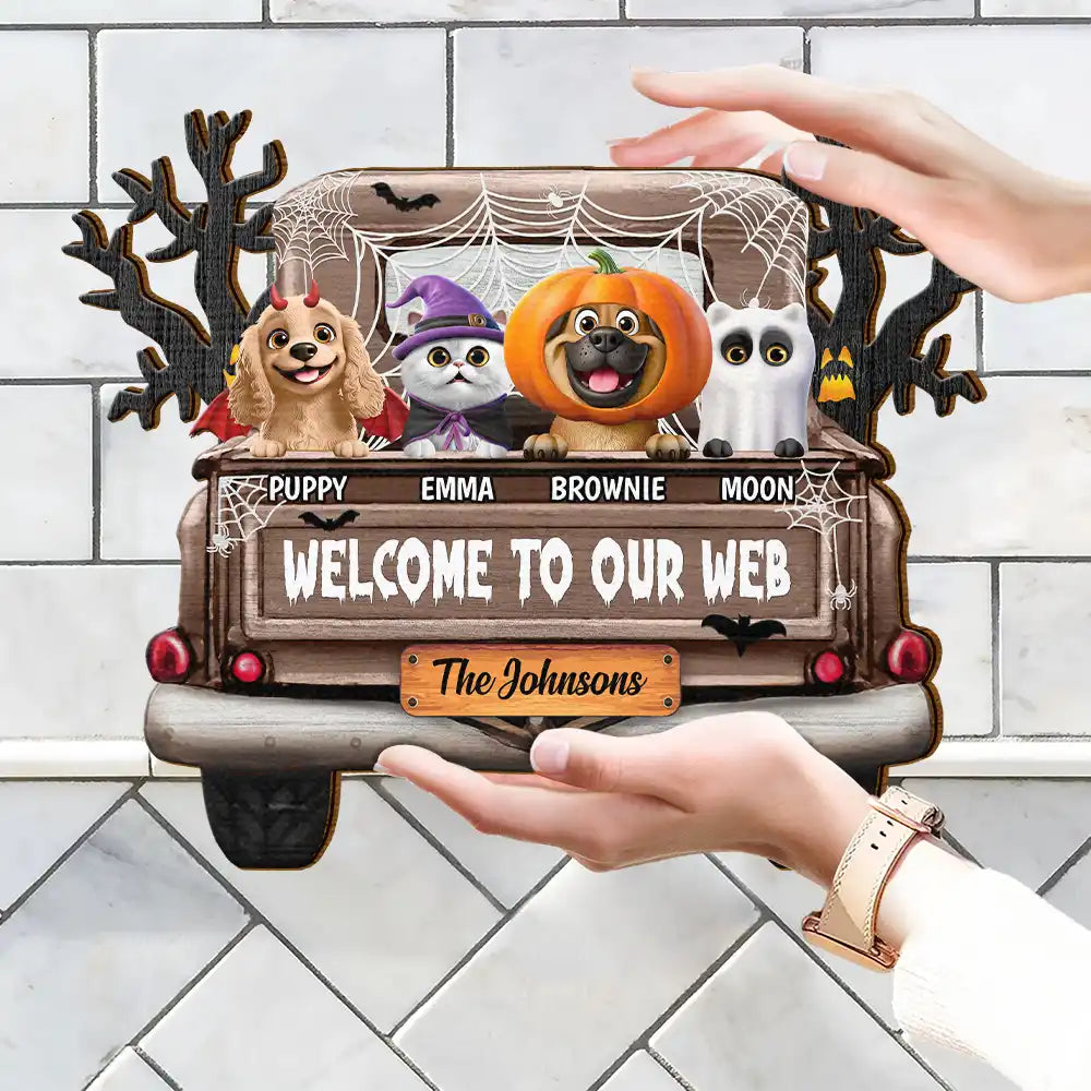 Halloween, Pet Lovers, Pet Mom, Pet Dad, Happy - Welcome To Our Web Halloween Truck - Personalized Custom Shaped Wood Sign