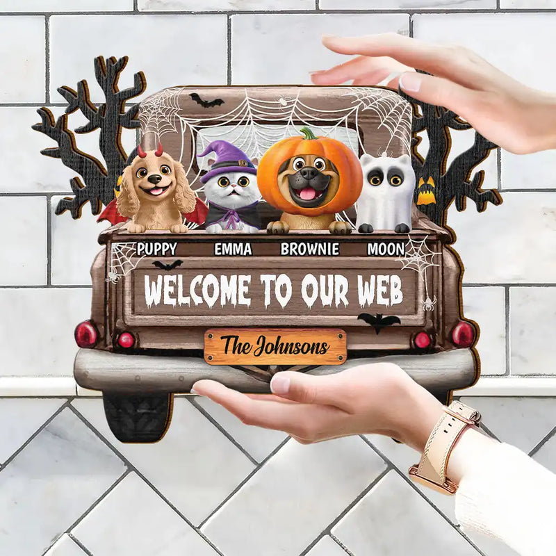 Halloween, Pet Lovers, Pet Mom, Pet Dad, Happy - Welcome To Our Web Halloween Truck - Personalized Custom Shaped Wood Sign