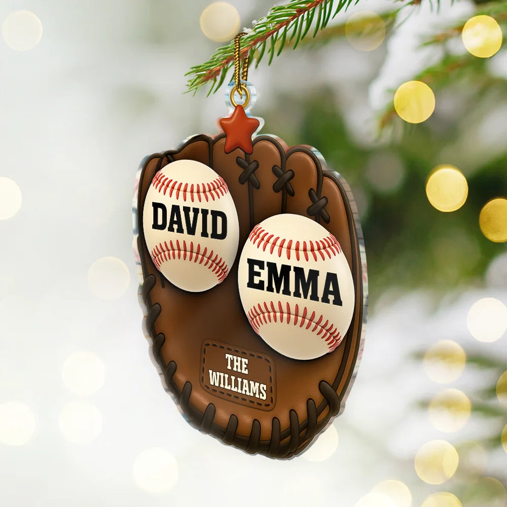 Christmas,Family,Parents,Gift For Kids,Happy,Baseball - 3D Effect Baseball Gloves Family Members' Names - Personalized Custom Shaped Acrylic Ornament