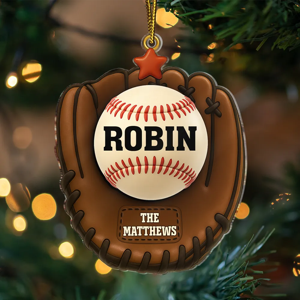 Christmas,Family,Parents,Gift For Kids,Happy,Baseball - 3D Effect Baseball Gloves Family Members' Names - Personalized Custom Shaped Acrylic Ornament