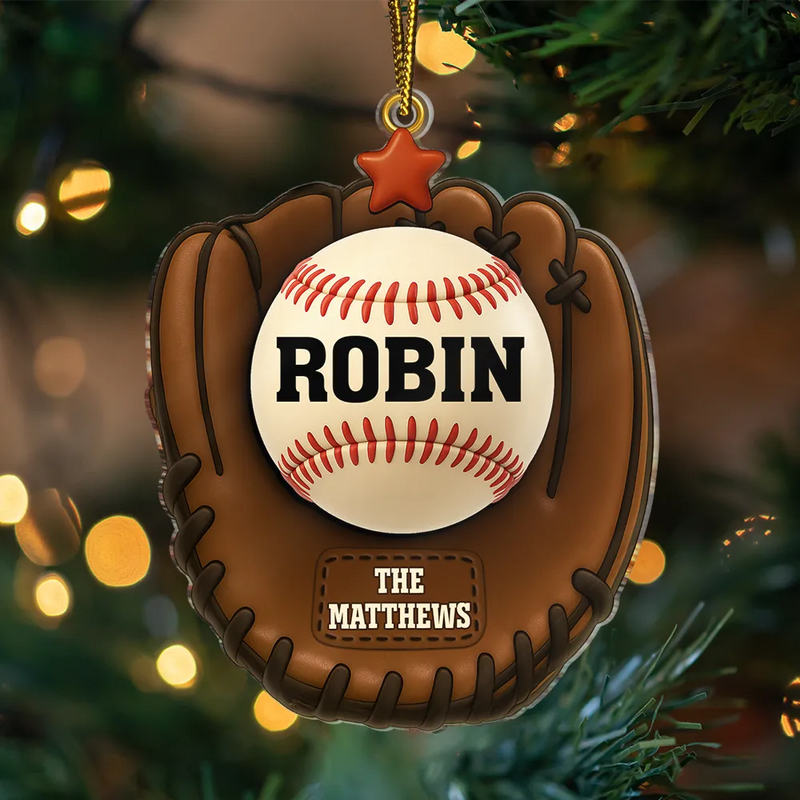 Christmas,Family,Parents,Gift For Kids,Happy,Baseball - 3D Effect Baseball Gloves Family Members' Names - Personalized Custom Shaped Acrylic Ornament