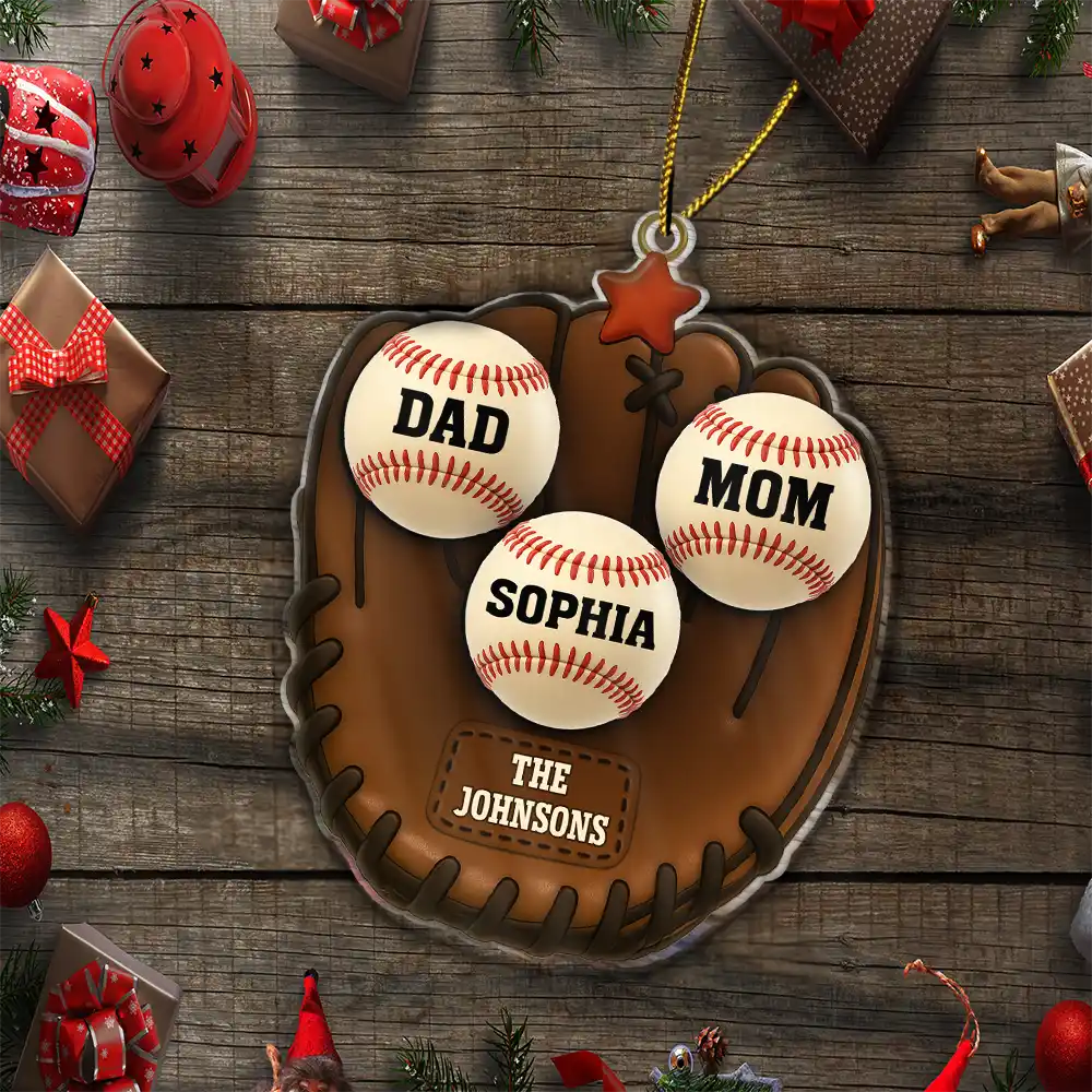 Christmas,Family,Parents,Gift For Kids,Happy,Baseball - 3D Effect Baseball Gloves Family Members' Names - Personalized Custom Shaped Acrylic Ornament