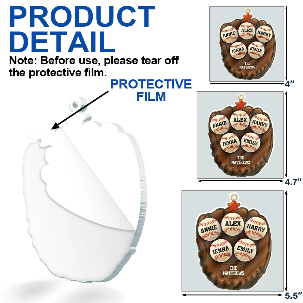 Christmas,Family,Parents,Gift For Kids,Happy,Baseball - 3D Effect Baseball Gloves Family Members' Names - Personalized Custom Shaped Acrylic Ornament