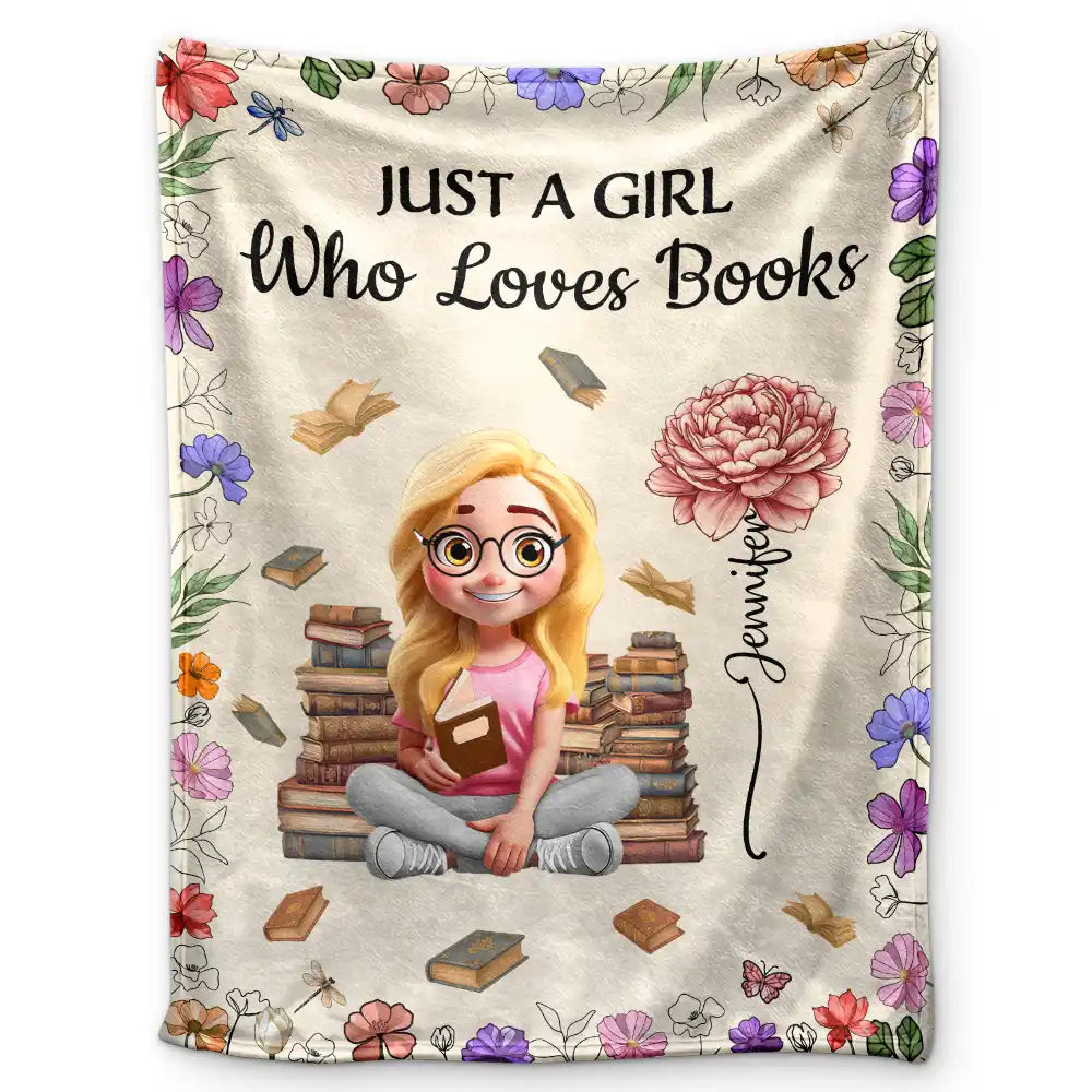 Reading Girl With Birth Month Flowers - Personalized Fleece Blanket, Sherpa Blanket