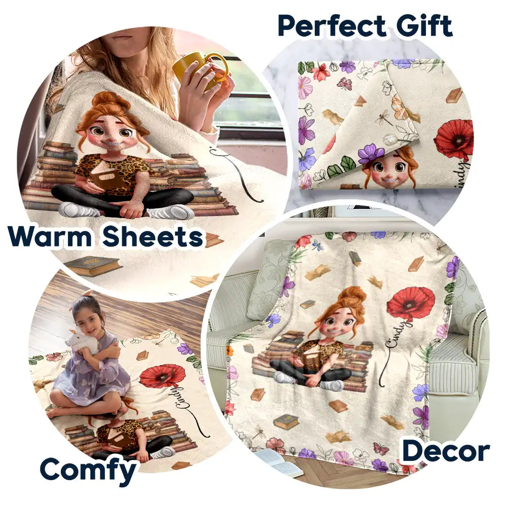 Reading, Gift For Yourself, Gift For Women, Happy - Reading Girl With Birth Month Flowers - Personalized Fleece Blanket, Sherpa Blanket