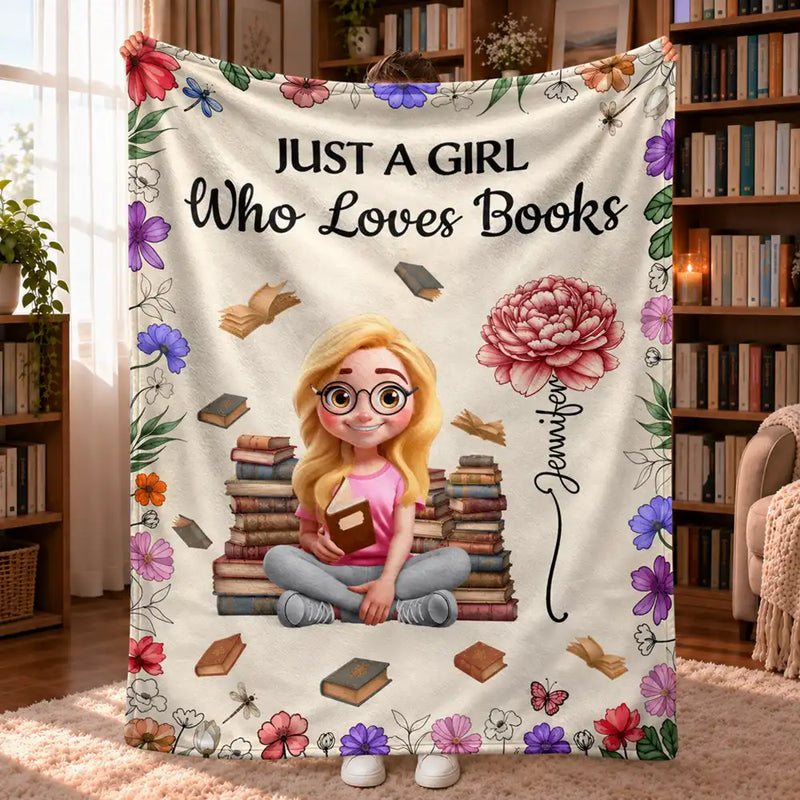 Fille lisant avec des fleurs pour son mois de naissance - Couverture polaire personnalisée, couverture sherpa 