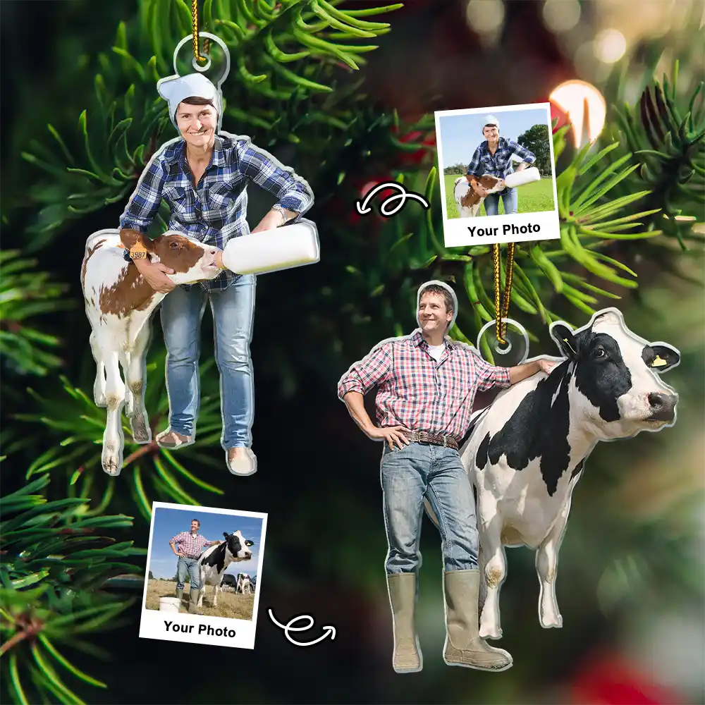 Custom Photo Christmas Cow Farmer Decorations - Personalized Acrylic Photo Ornament