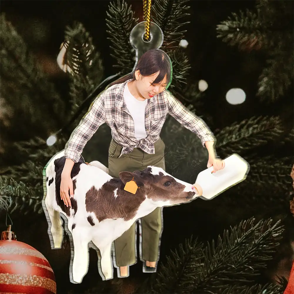 Photo Hobby Ornament,Gift For Yourself,Farm,Custom Photo,Gift For Women,Gift For Men,Christmas,Happy - Custom Photo Christmas Cow Farmer Decorations - Personalized Acrylic Photo Ornament