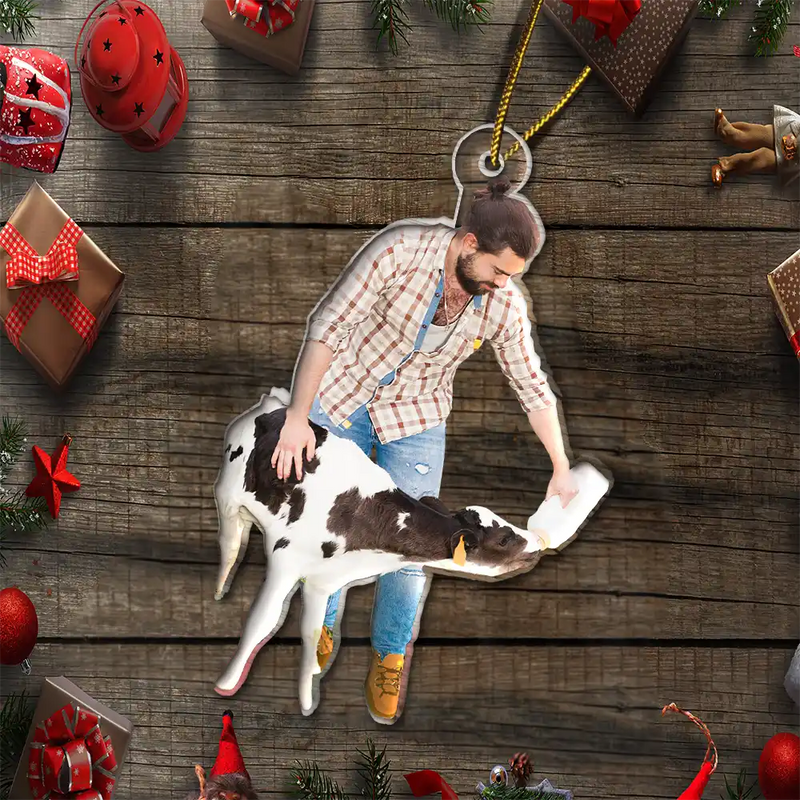 Photo Hobby Ornament,Gift For Yourself,Farm,Custom Photo,Gift For Women,Gift For Men,Christmas,Happy - Custom Photo Christmas Cow Farmer Decorations - Personalized Acrylic Photo Ornament