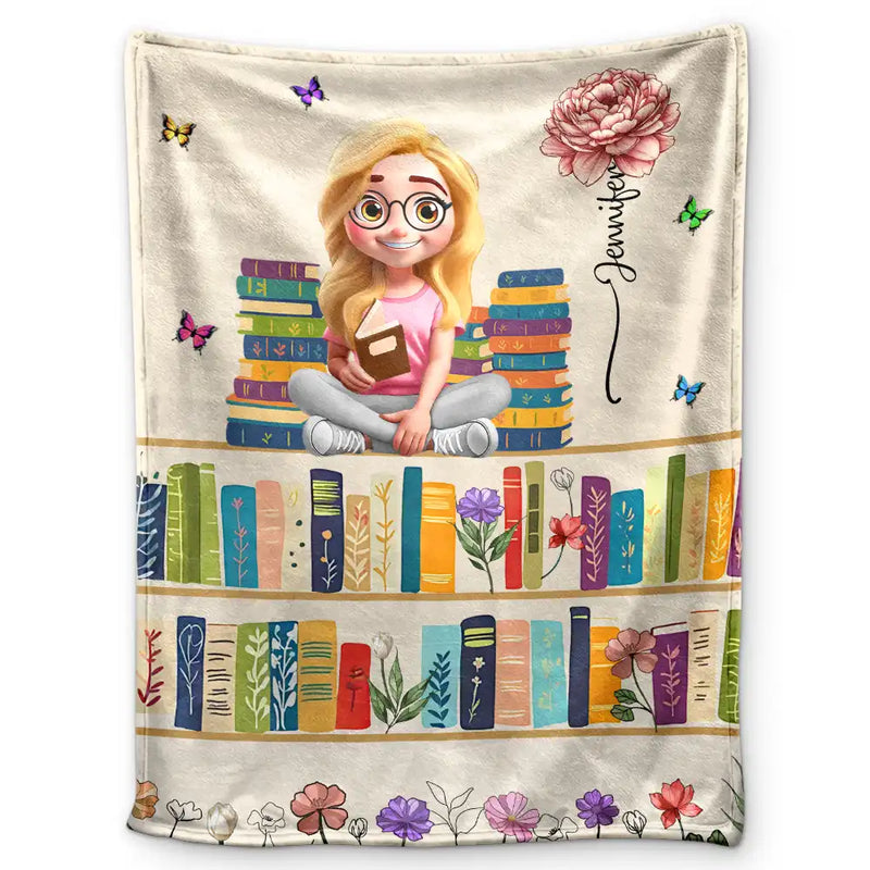 Reading,Gift For Yourself,Happy,Gift For Women - Vintage Bookself Reading Girl With Birth Month Flower - Personalized Fleece Blanket, Sherpa Blanket