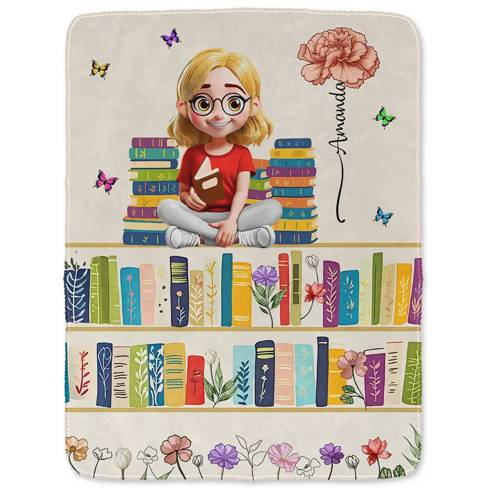 Reading,Gift For Yourself,Happy,Gift For Women - Vintage Bookself Reading Girl With Birth Month Flower - Personalized Fleece Blanket, Sherpa Blanket