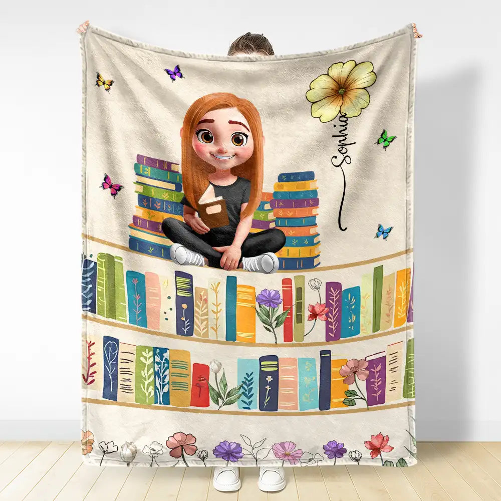 Reading,Gift For Yourself,Happy,Gift For Women - Vintage Bookself Reading Girl With Birth Month Flower - Personalized Fleece Blanket, Sherpa Blanket