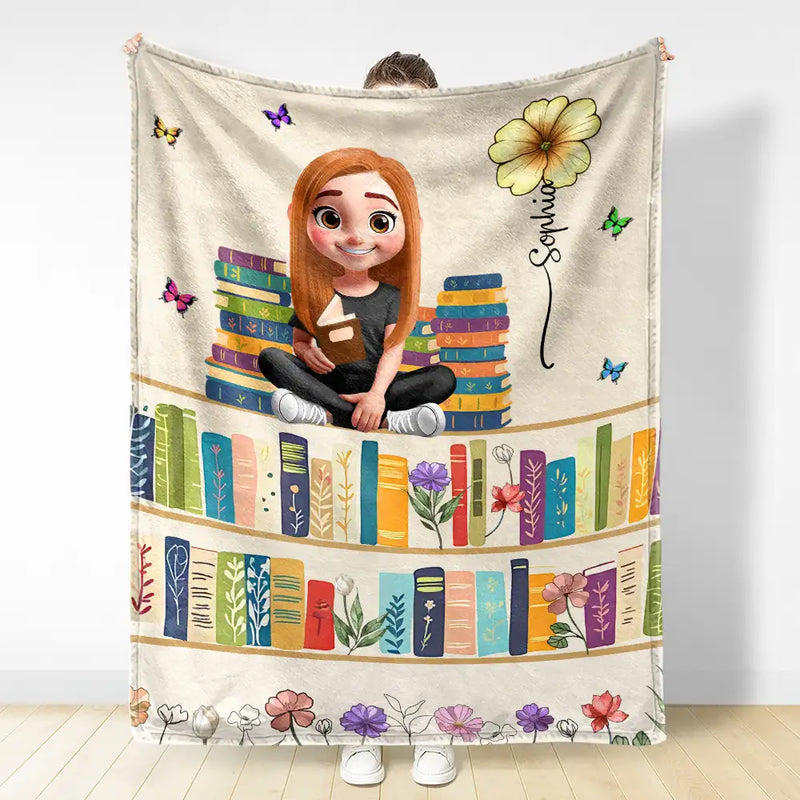 Reading,Gift For Yourself,Happy,Gift For Women - Vintage Bookself Reading Girl With Birth Month Flower - Personalized Fleece Blanket, Sherpa Blanket