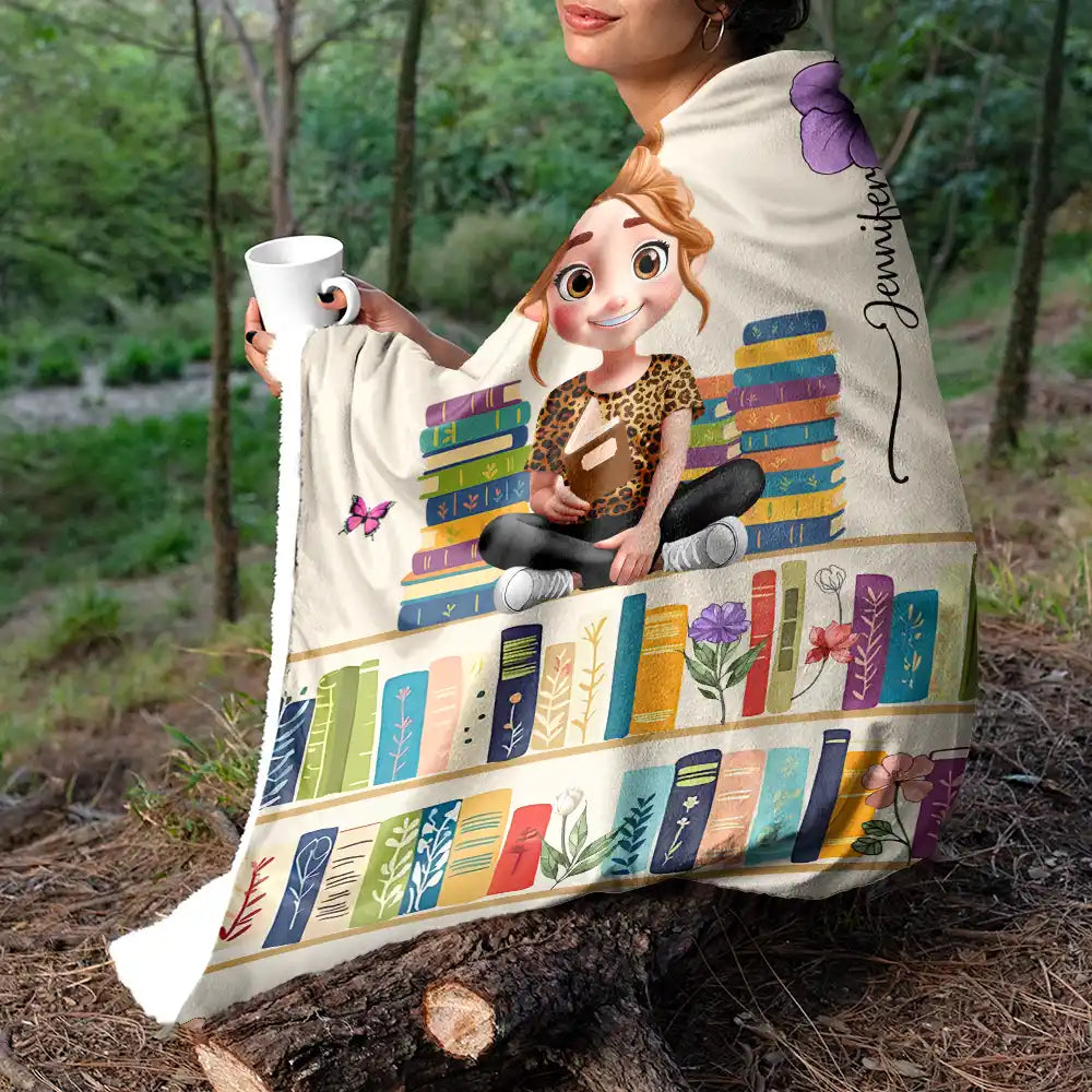 Reading,Gift For Yourself,Happy,Gift For Women - Vintage Bookself Reading Girl With Birth Month Flower - Personalized Fleece Blanket, Sherpa Blanket